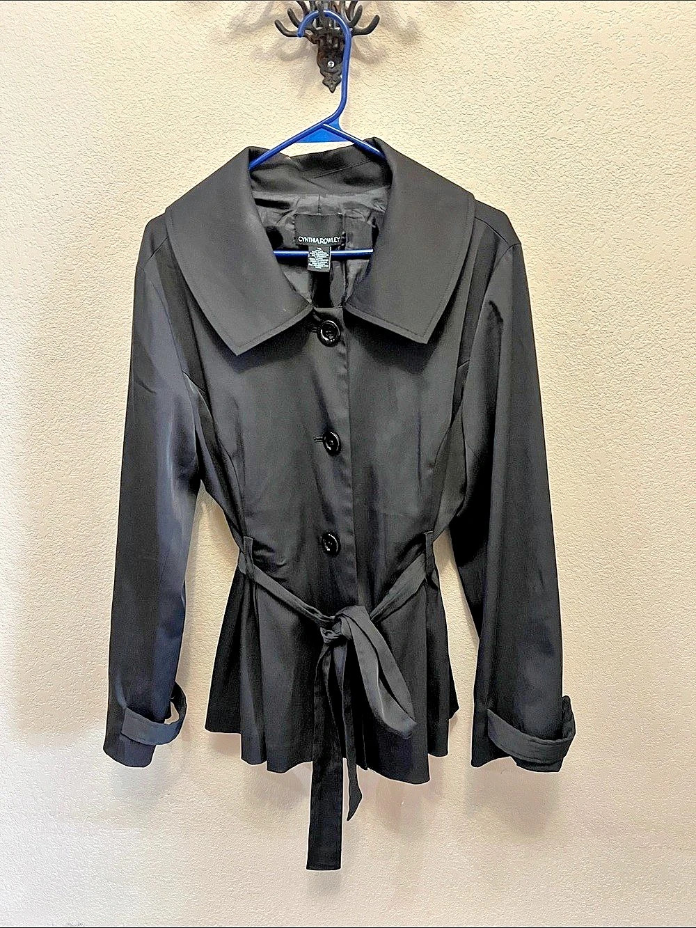 Cynthia Rowley Black Belted Trench Coat Size XL Like New